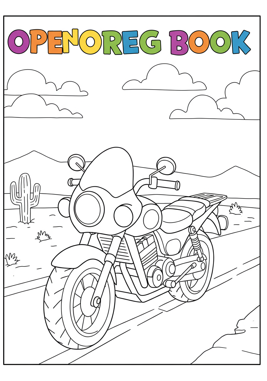 Free printable coloring page featuring a cool motorcycle driving on an open desert road with mountains and cacti in the background, perfect for kids.