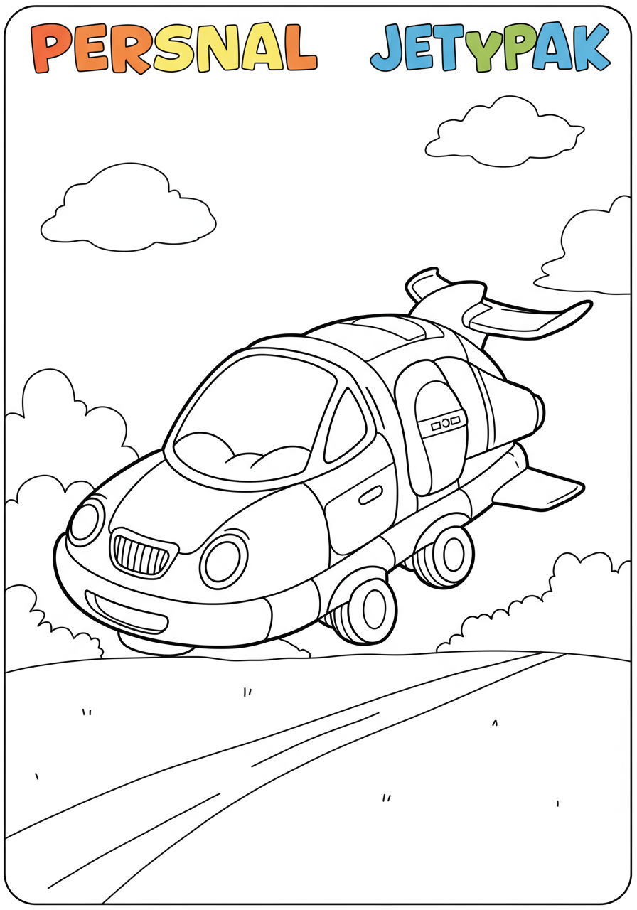 Illustration of a person happily flying with a personal jetpack high in the sky, a free printable coloring page for kids.