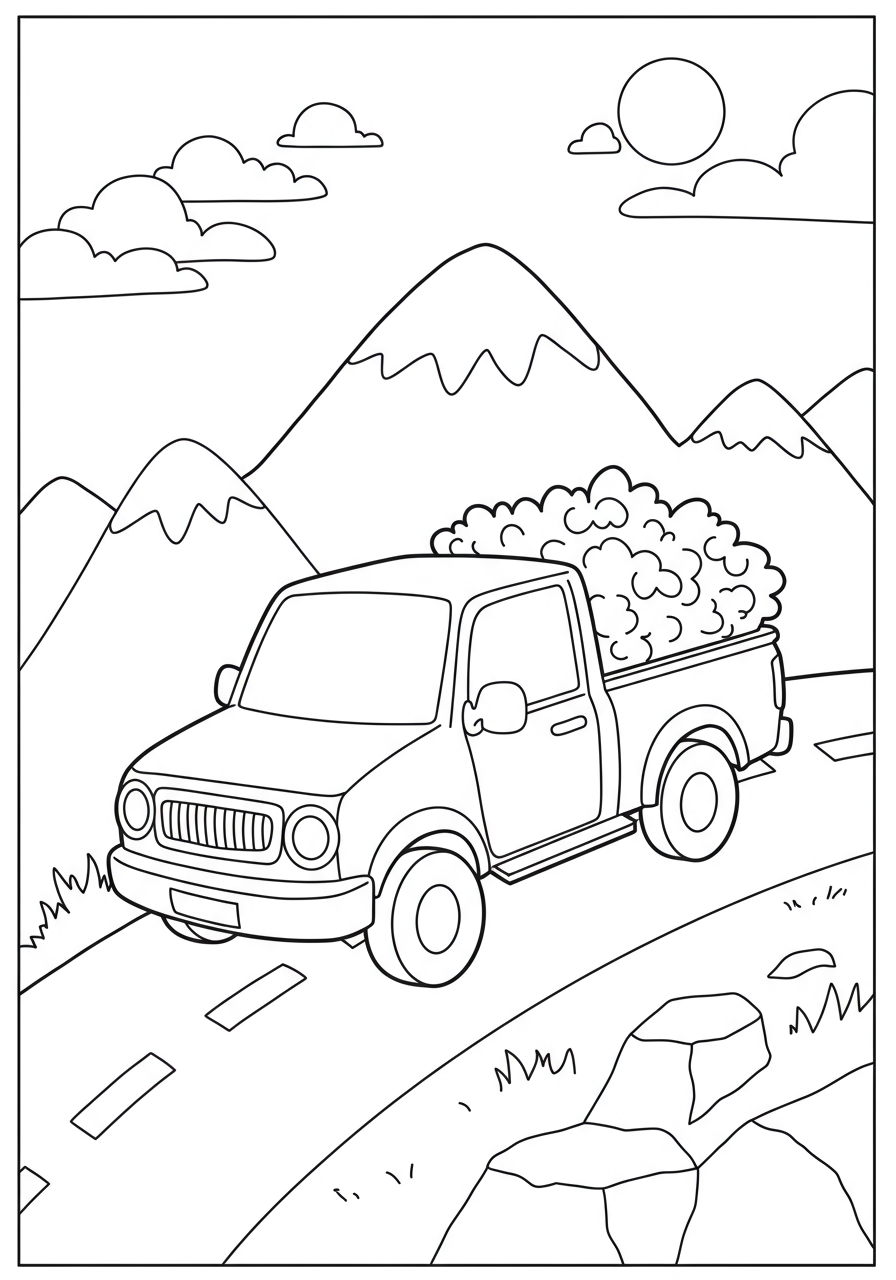 A free printable coloring page depicting a sturdy pickup truck driving on a winding mountain road with trees and peaks in the background, suitable for kids.
