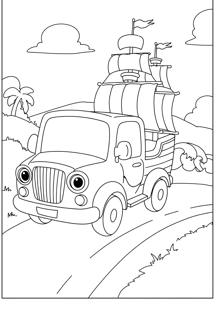 Illustration of a pirate ship sailing on rough ocean waves, designed as a free printable coloring page for kids.