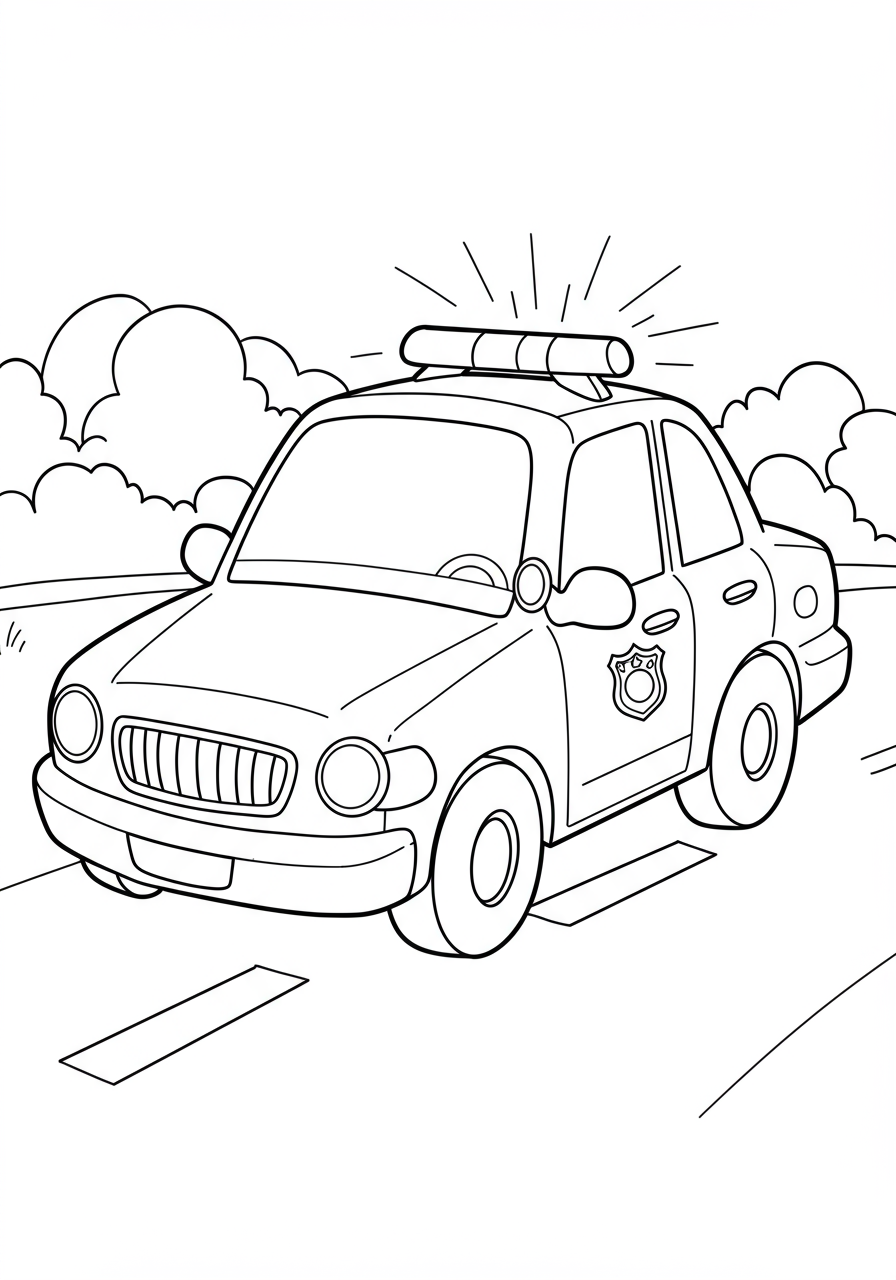Free printable police car chase lights coloring page for kids, showing a police cruiser with flashing red and blue lights, simple design for easy coloring.
