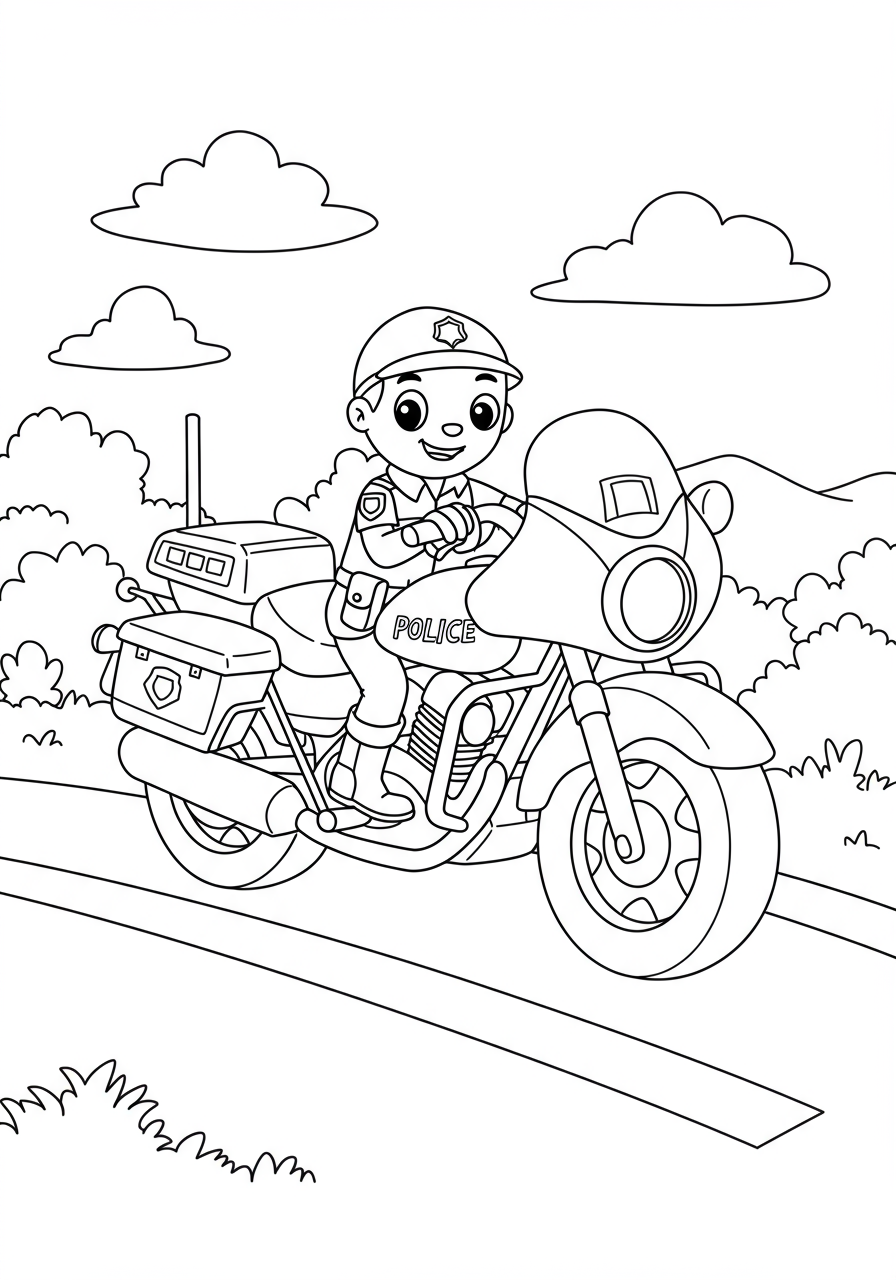 Free printable police motorcycle patrol duty coloring page for kids, featuring a friendly police officer on a detailed motorcycle with clear lines, perfect for easy coloring.