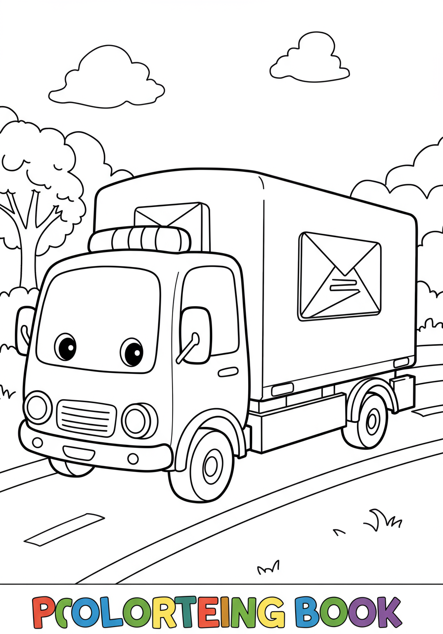 Free printable coloring page for kids featuring a simple, cartoon-style postal truck delivering mail.