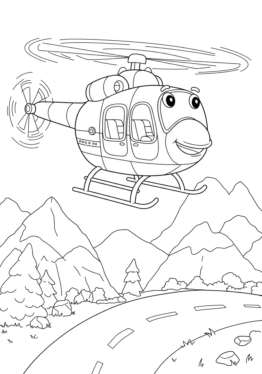 Free printable coloring page depicting a rescue helicopter flying over snowy mountains, with simple outlines for easy coloring by kids.