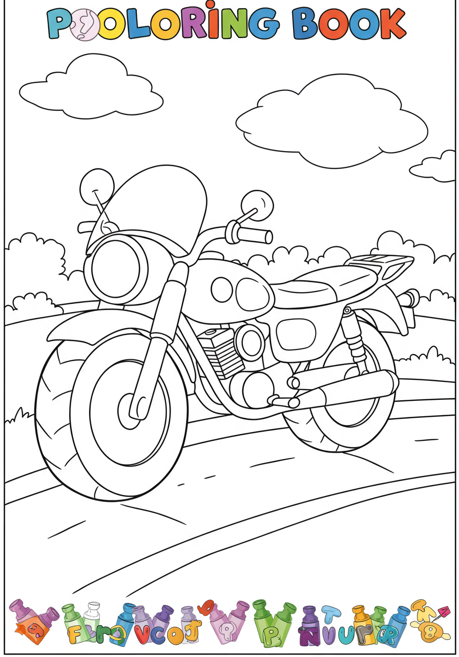 Free printable coloring page featuring a cool retro motorcycle and rider wearing a helmet and jacket, perfect for kids who love vehicles and vintage designs.