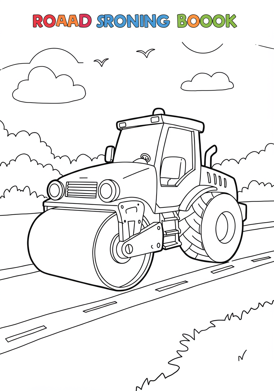 A free printable coloring page showing a simple, cartoon-style road roller with a large front drum, smoothing a section of pavement, perfect for kids.
