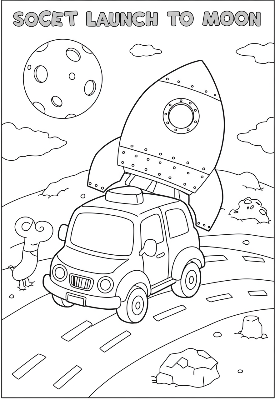 A free printable coloring page showing a large rocket launching into space towards a crescent moon, with fiery exhaust, perfect for kids.