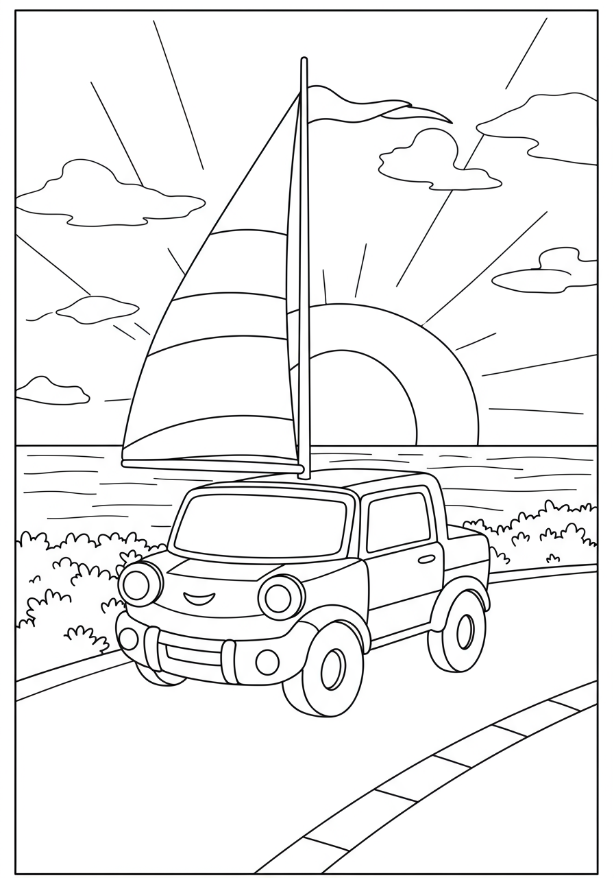Free printable coloring page featuring a peaceful sailboat floating on a calm ocean at sunset, ideal for kids to color.