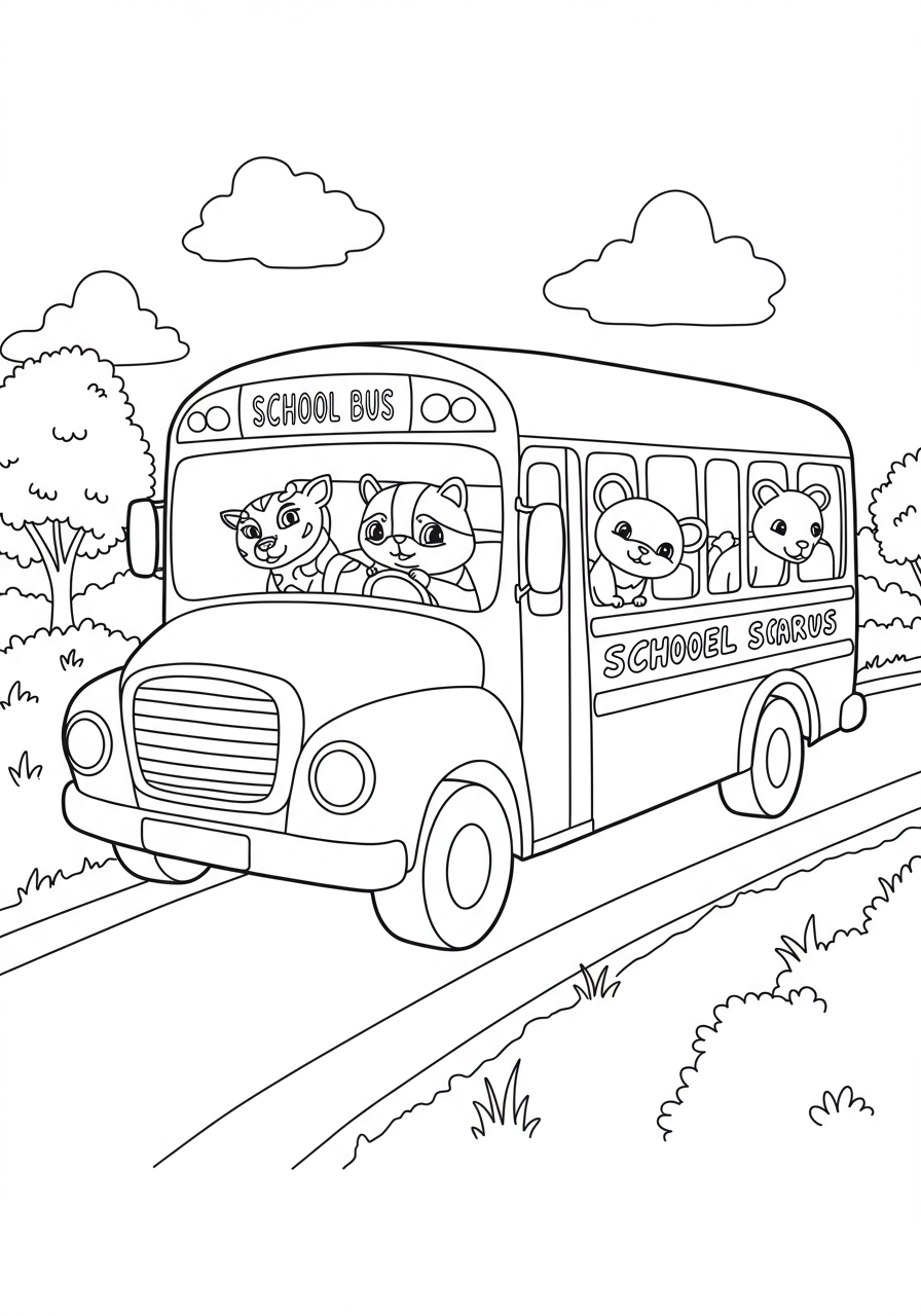A free printable coloring page depicting a cheerful yellow school bus filled with various friendly animal passengers, such as a lion, bear, and rabbit, waving from the windows.