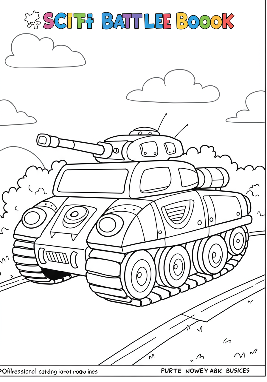 A free printable coloring page depicting an easy-to-color sci-fi battle tank with large futuristic cannons and durable treads, ready for action in a space setting.