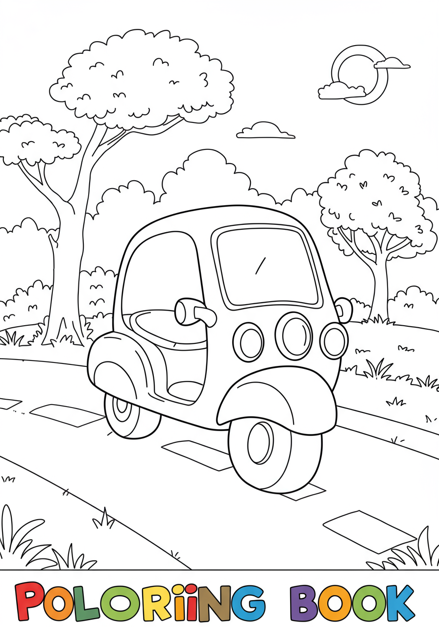 Illustration of a child on a scooter zipping happily through a park path, with trees and bushes in the background, a free printable coloring page.