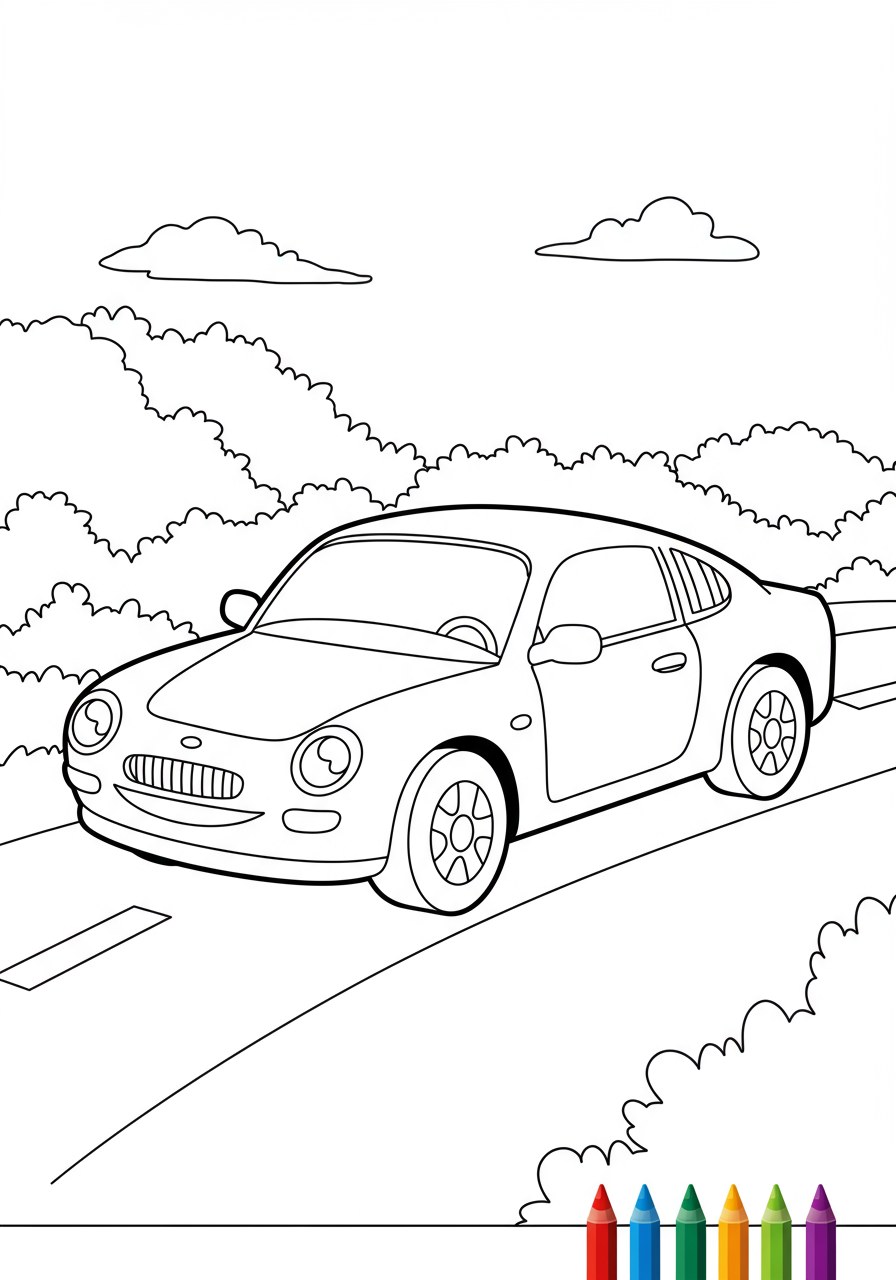 Free printable coloring page featuring a simple outline of a shiny blue sports car, perfect for kids to color.