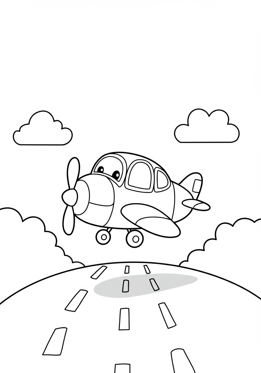Free printable coloring page featuring a small propeller plane flying through fluffy cumulus clouds in a clear sky, designed for kids.