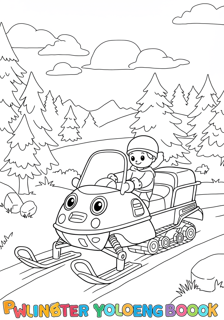 A free printable coloring page depicting a snowmobile with a driver, riding through a snowy winter forest with pine trees and snowdrifts.