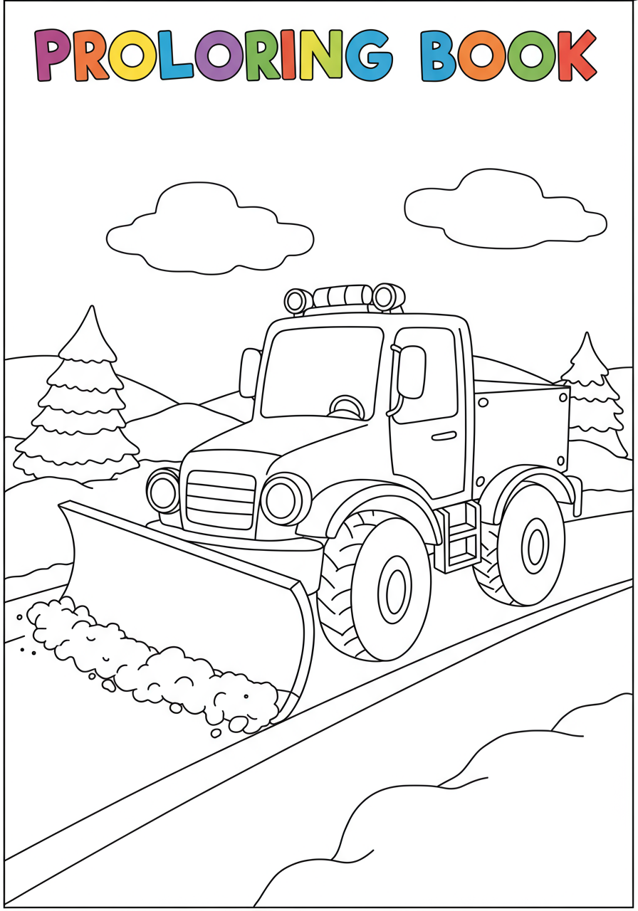 Free printable coloring page featuring a yellow snowplow with a large plow blade clearing a snowy street, with snowdrifts and bare trees in the background, suitable for kids.