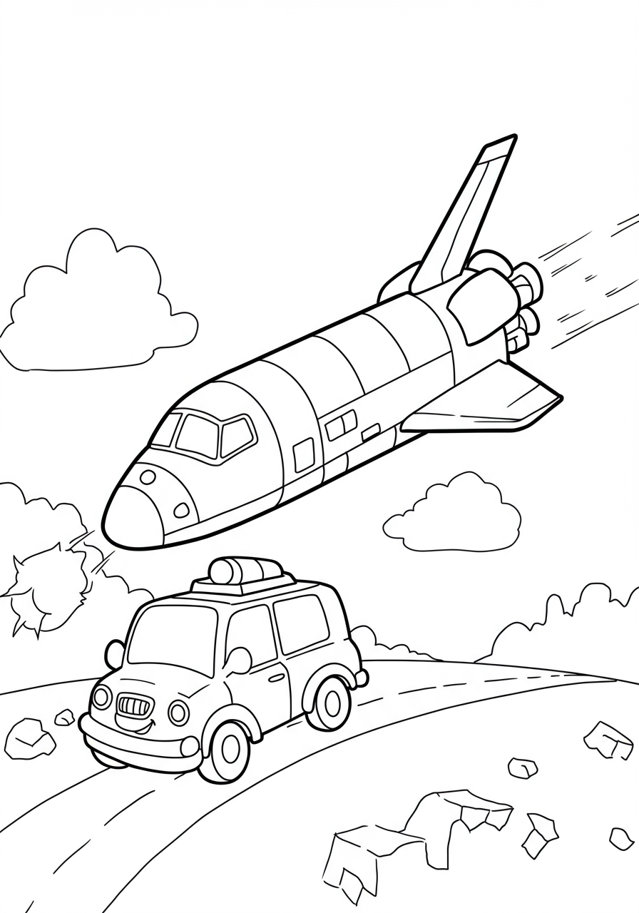 Free printable coloring page featuring a space shuttle orbiting planet Earth with stars in the background, designed for easy coloring by kids.
