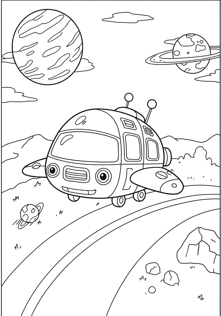 Free printable coloring page featuring a futuristic spaceship exploring a distant galaxy with swirling nebulae and twinkling stars, perfect for kids.