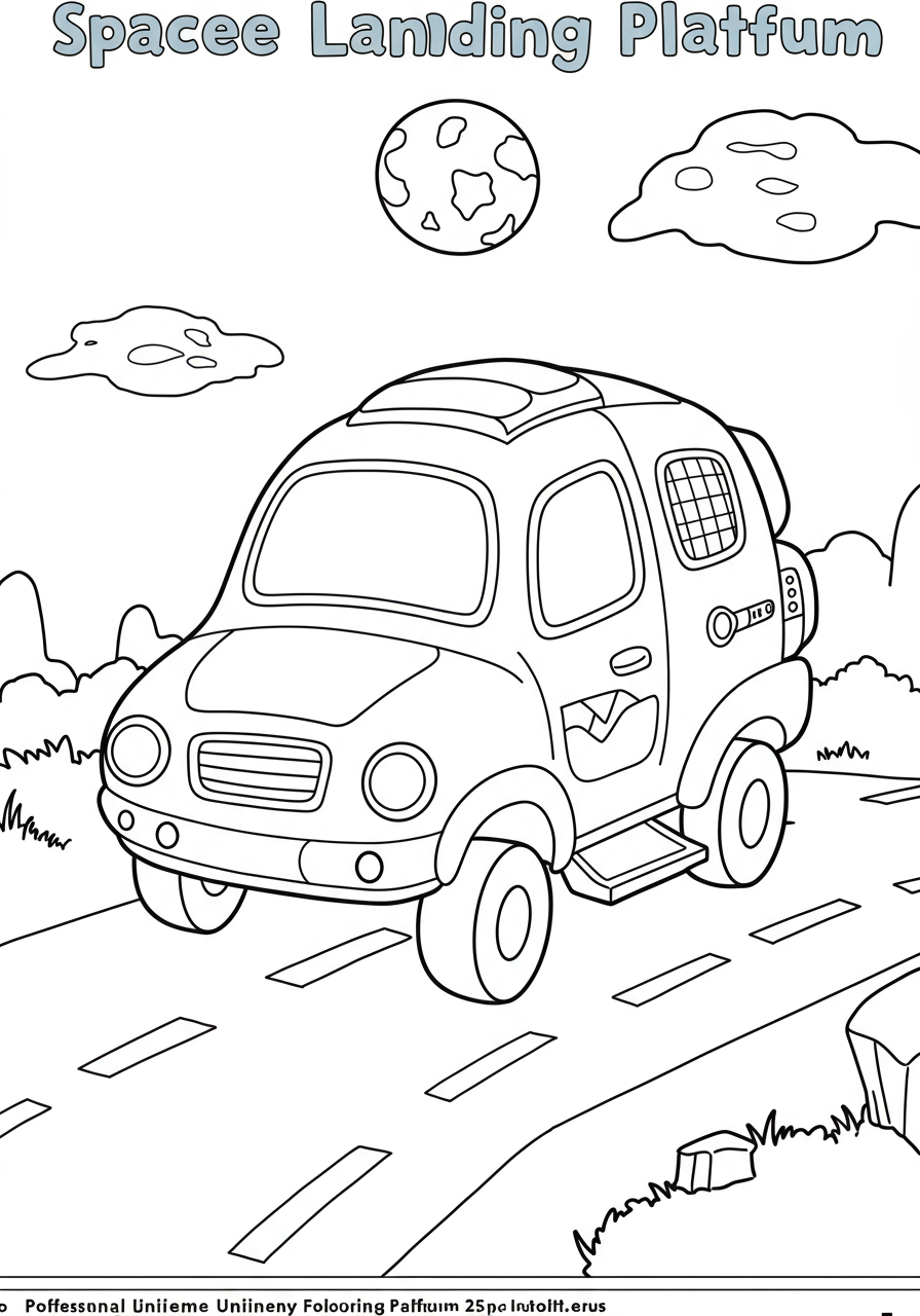 Free printable coloring page featuring an easy-to-color spaceship landing on a futuristic platform, perfect for young space enthusiasts.