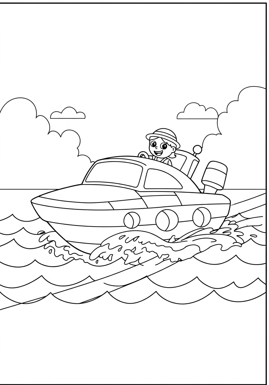 A dynamic illustration of a speedboat racing across choppy ocean waves, perfect for a free printable kids coloring page activity.
