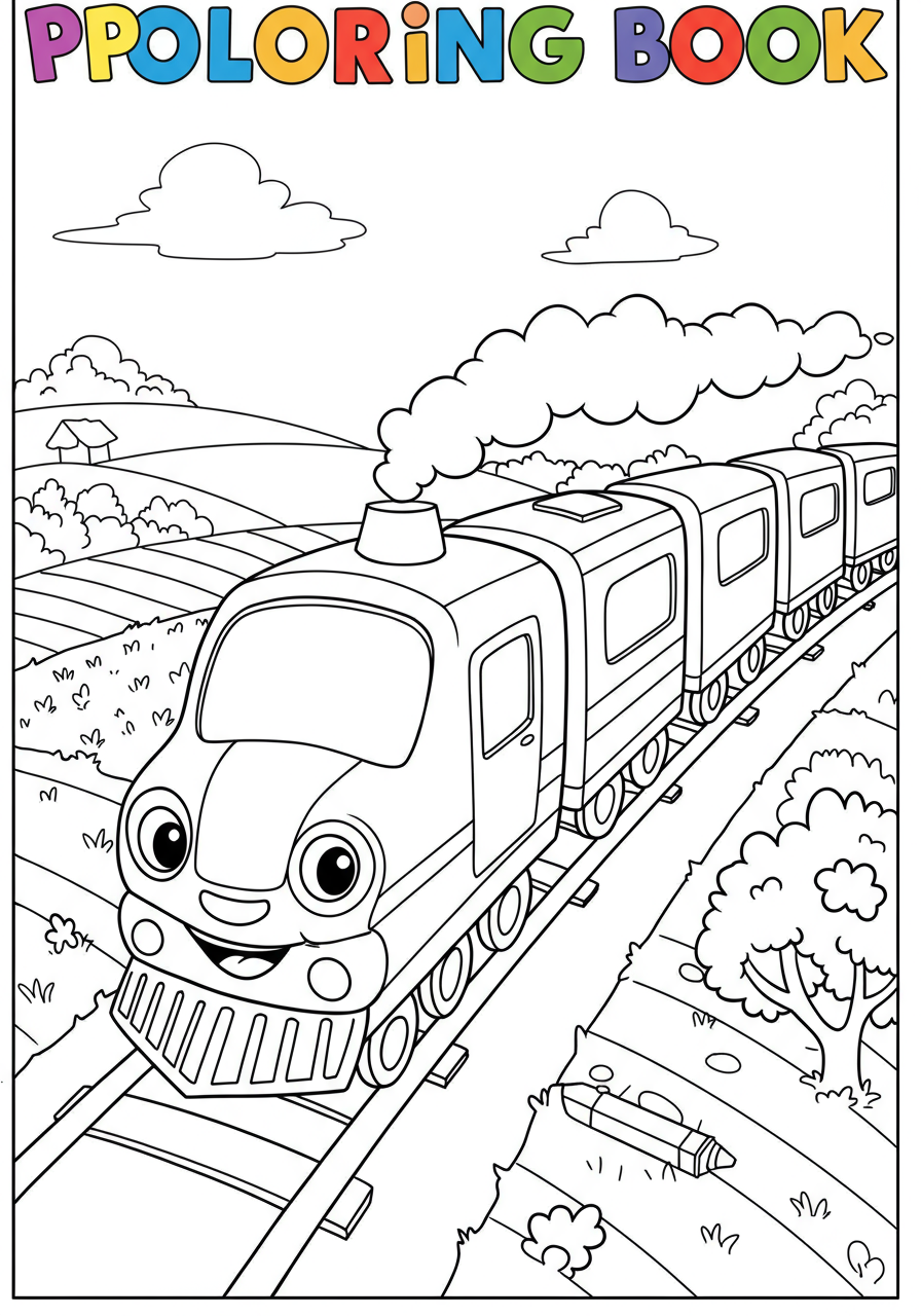 Free printable coloring page featuring a speedy train with a powerful engine and several carriages, passing through open fields under a clear sky. Designed for kids.