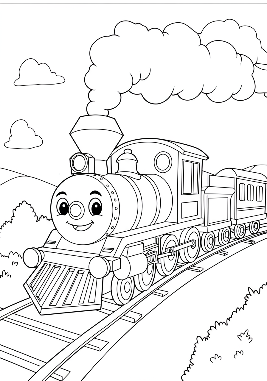 Free printable coloring page featuring a cheerful steam locomotive puffing smoke from its smokestack, an easy coloring activity for kids.