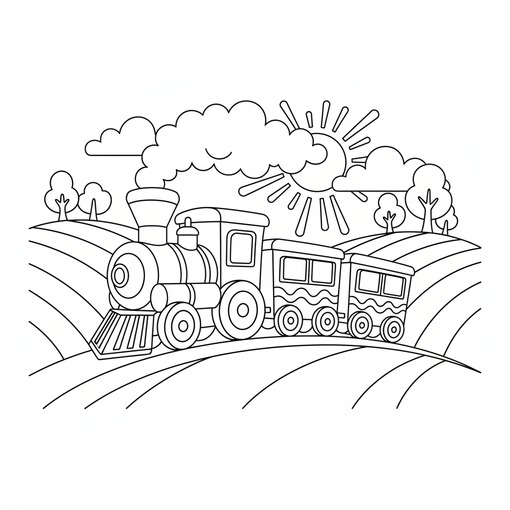 Free printable coloring page featuring a classic steam train with a smoke stack chugging along tracks through rolling green hills, with trees and clouds in the background, suitable for kids.