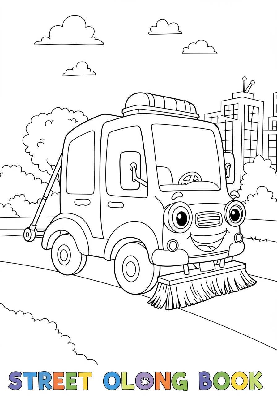A cartoon free printable coloring page of a friendly street sweeper vehicle with rotating brushes, cleaning a city street, ready for kids to color.