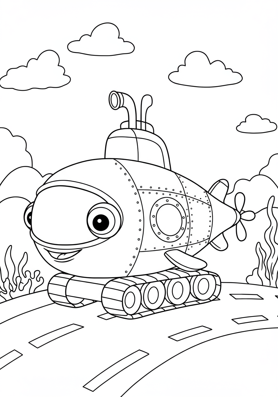 An easy free printable coloring page showing a friendly submarine exploring the deep ocean with various fascinating deep ocean fish, perfect for kids.