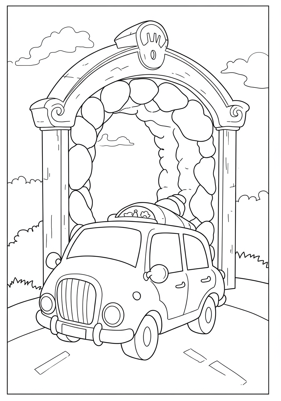 An illustration of a futuristic time travel machine portal, open and swirling, ready for adventure. A free printable coloring page for kids.