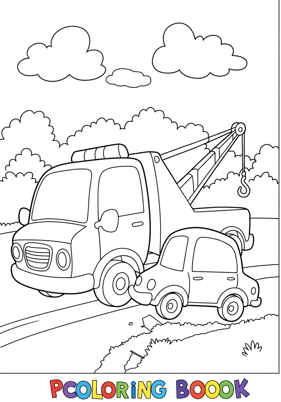 Free printable coloring page showing a friendly tow truck with its hook extended, ready to help a broken-down car on the side of a road, suitable for kids.