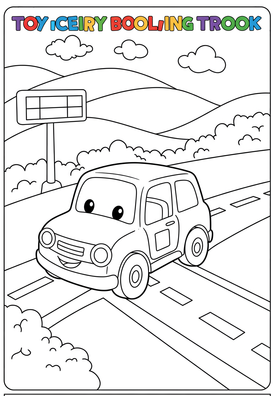 Image of a free printable Toy Car Racing Track coloring page with two cars on a simple race track, perfect for young children.