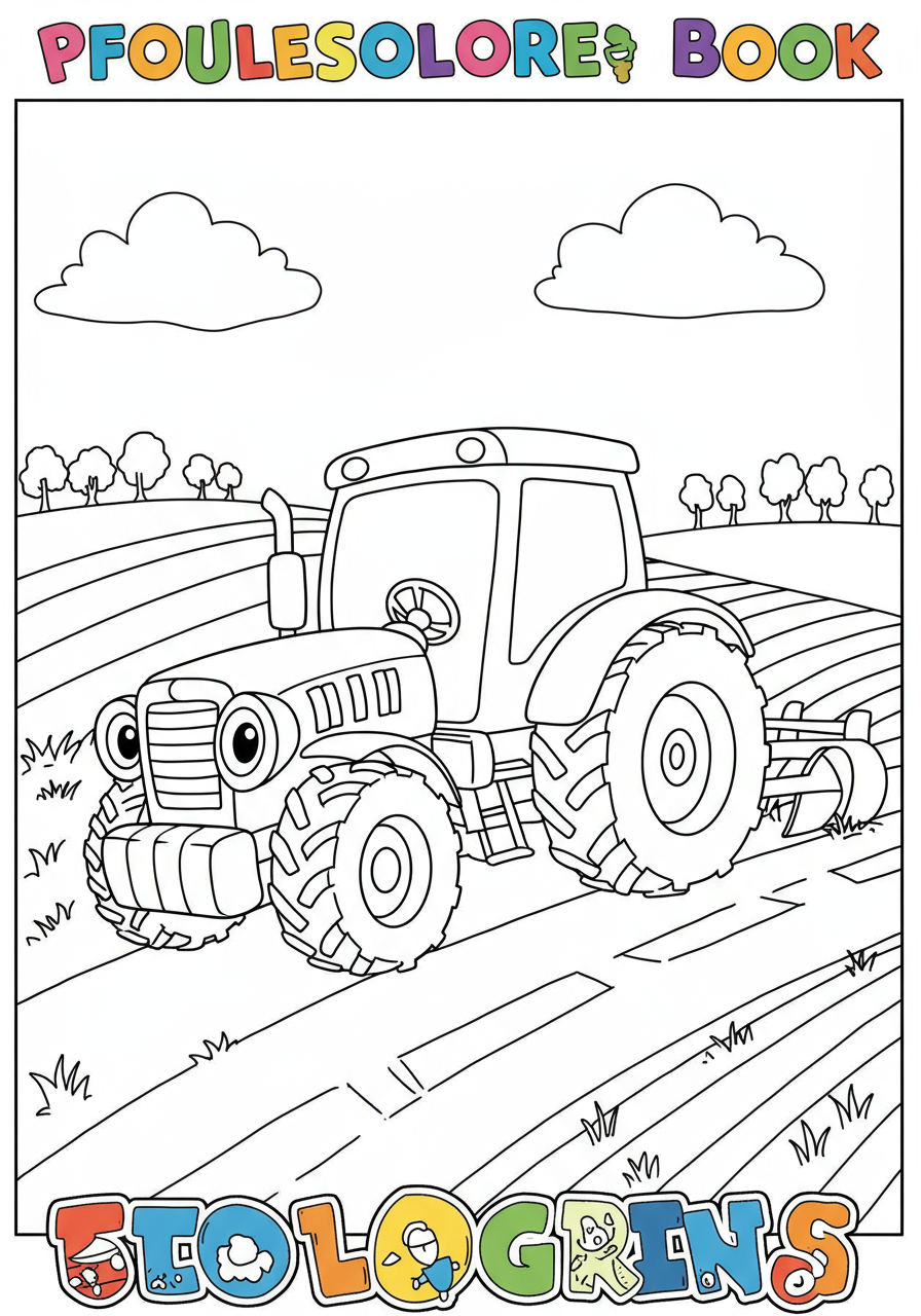 Detailed free printable coloring page depicting a powerful red tractor plowing a brown farm field, with fluffy white clouds in a blue sky and distant hills.