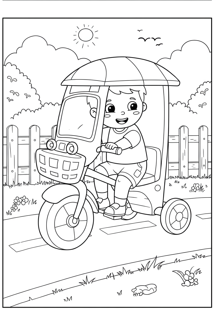 Free printable coloring page featuring a happy toddler riding a red tricycle in a sunny green yard, with flowers and a fence in the background, perfect for young children.