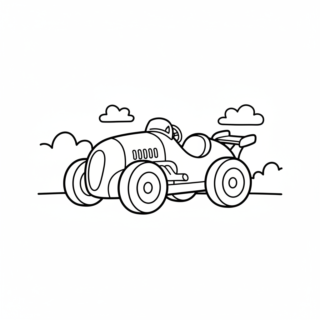 A free printable coloring page featuring a simple, classic vintage race car with prominent speed lines trailing behind it, ideal for kids to color and imagine racing.