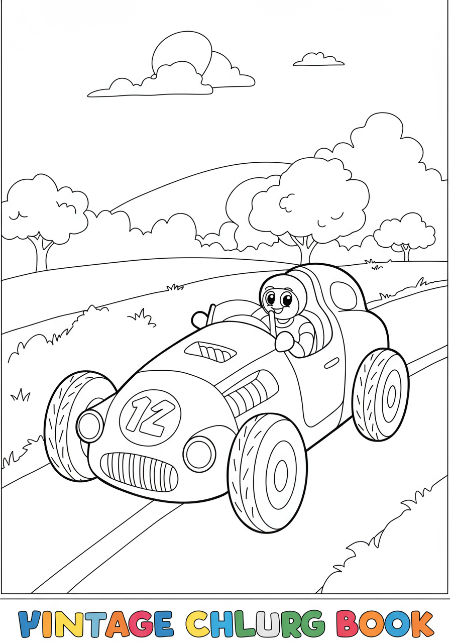 A free printable coloring page showing an easy-to-color vintage racing car with a prominent number on its side, perfect for kids and young children.