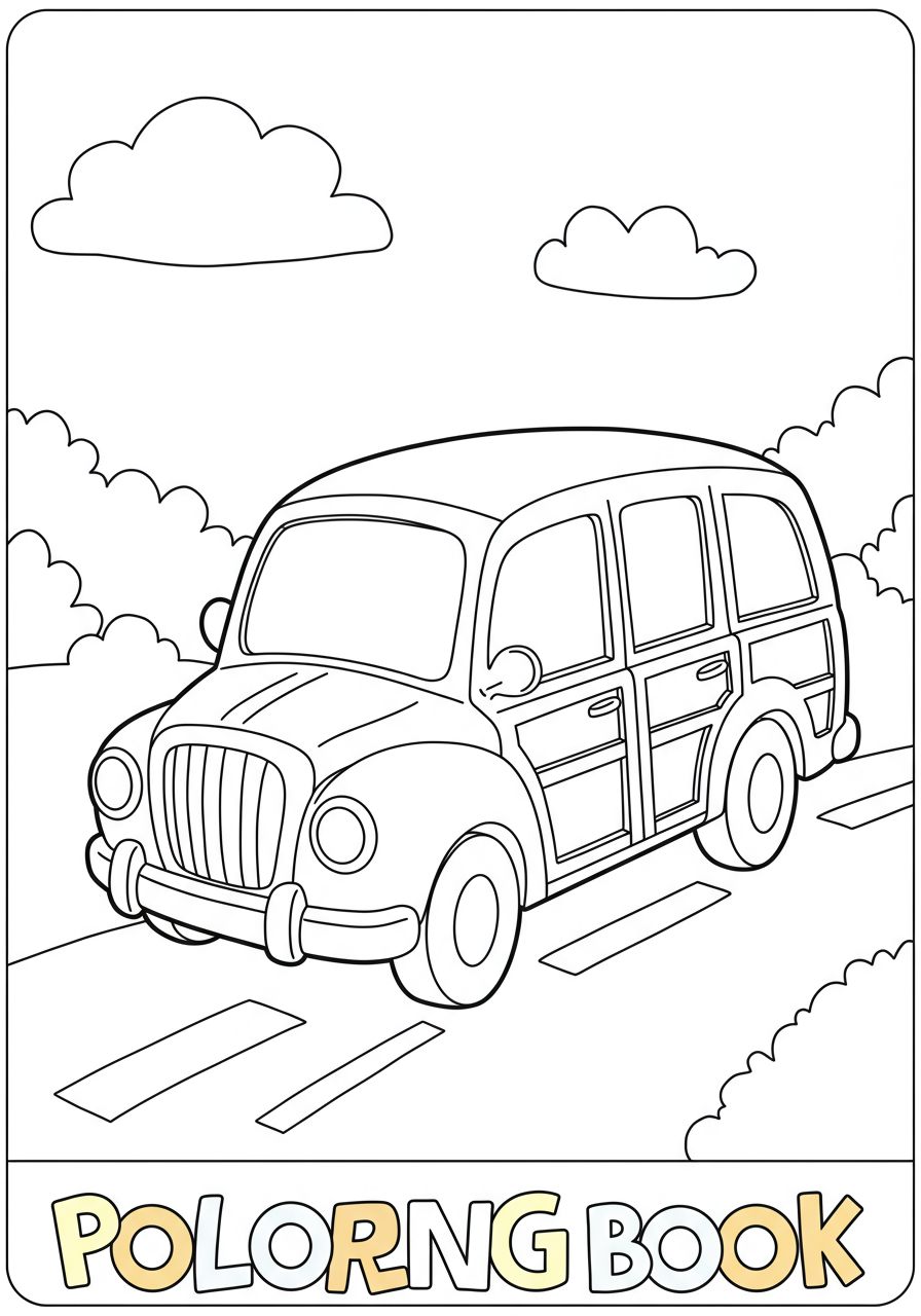 Free printable coloring page featuring an easy-to-color vintage woody station wagon with classic wood paneling, perfect for children.