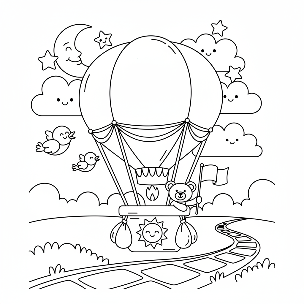 An enchanting free printable coloring page featuring a whimsical hot air balloon floating among clouds and stars, perfect for kids.